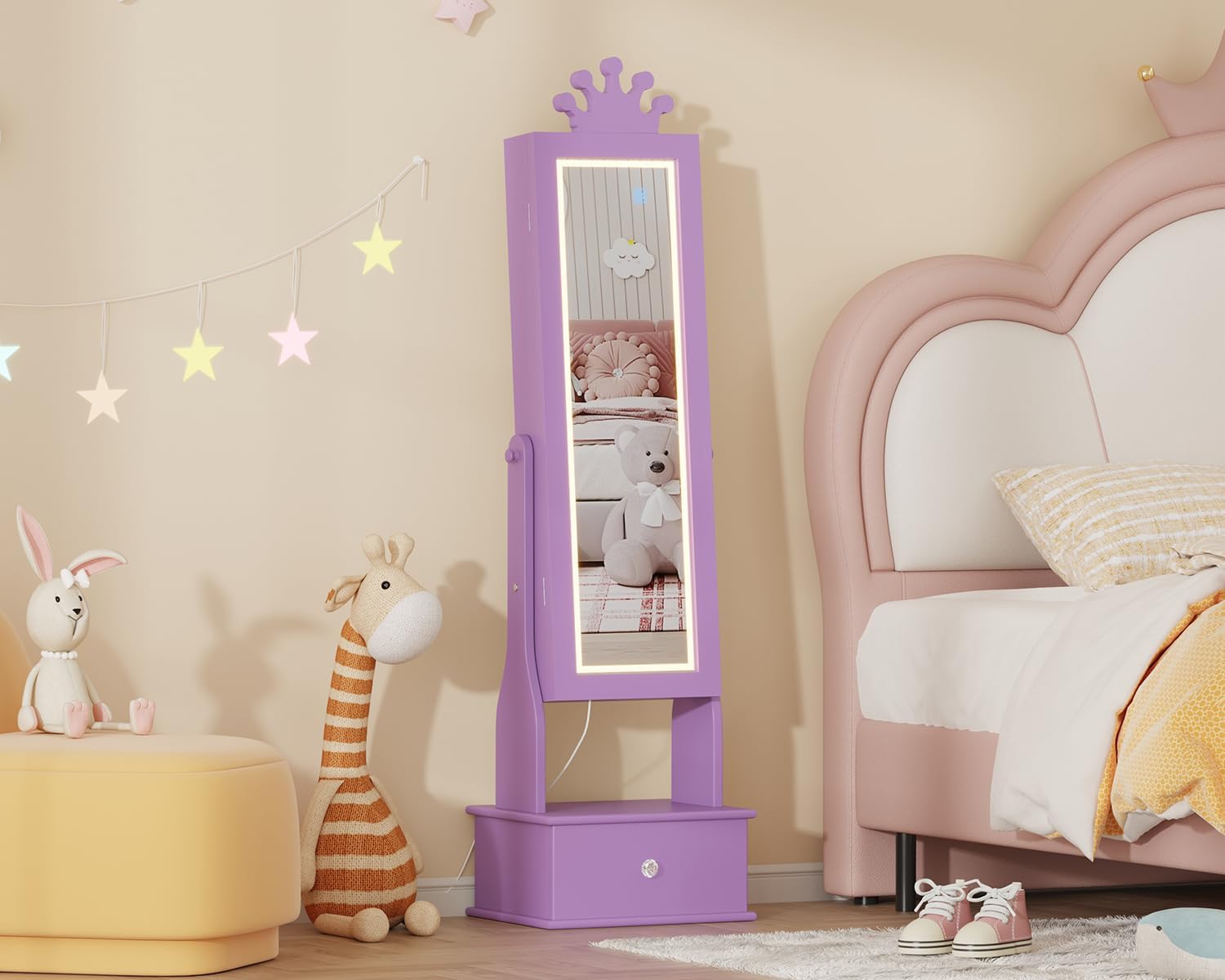 GarveeHome Kids Jewelry Armoire,Child Jewelry Cabinet with Led Light,Freestanding Jewelry Organizer with Full-Length Mirror,3 Storage Drawers,Kids Vanity Dress Up Mirror Cabinet for Girls（Purple）
