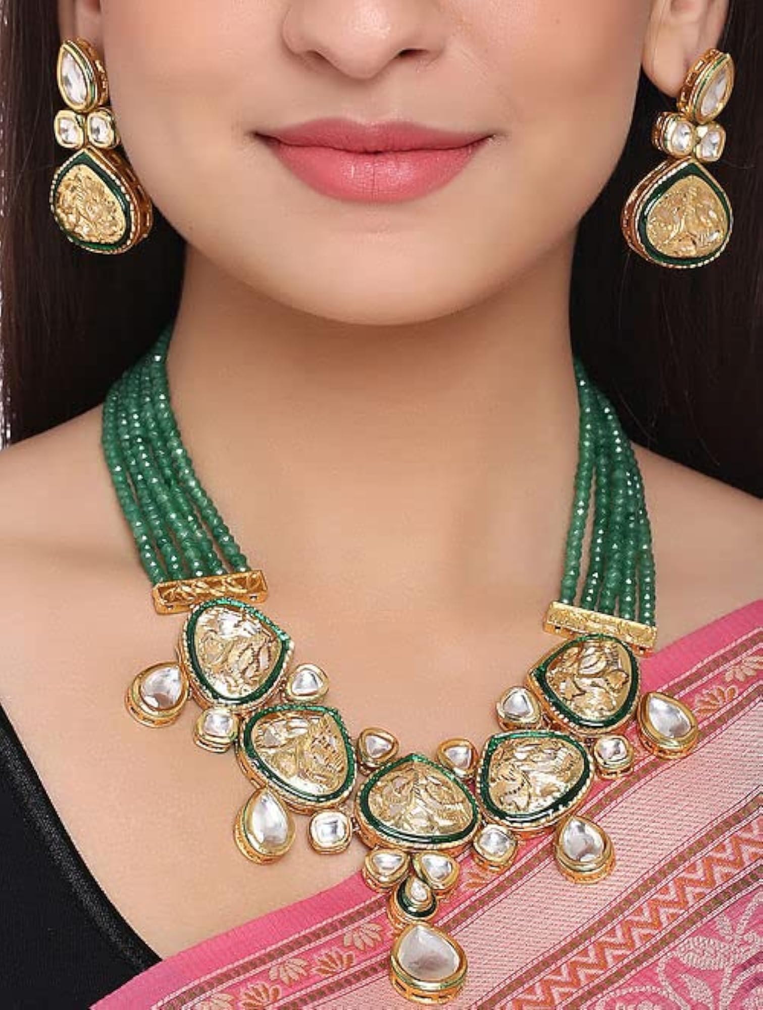 Beautiful Meenakari Long Kundan Necklace with Green Beads Set