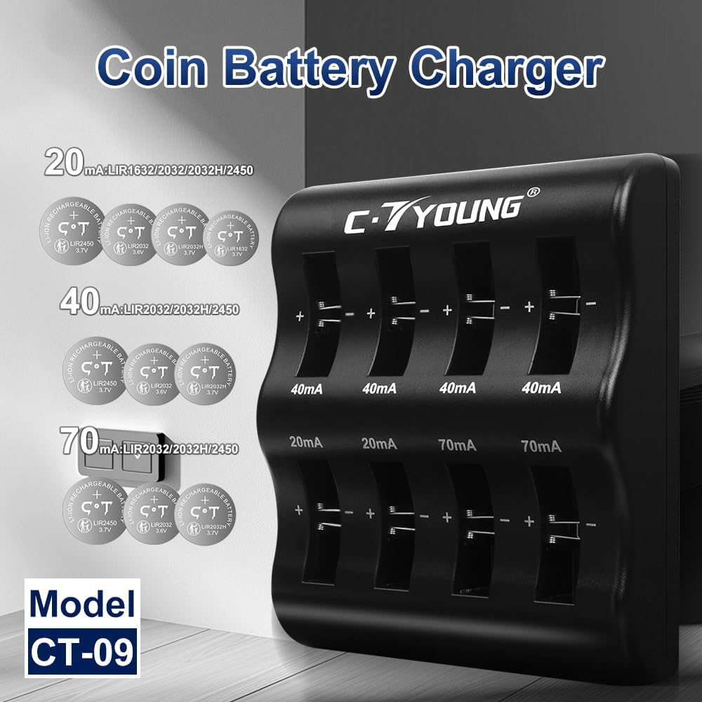 3.6V Lithium Rechargeable Coin Button Cell 8 Bay Battery Charger | Locking Storage Case, Compatible LIR2032/2032H/2450/2430/2440/2025/2016/1632, Batteries Not Included