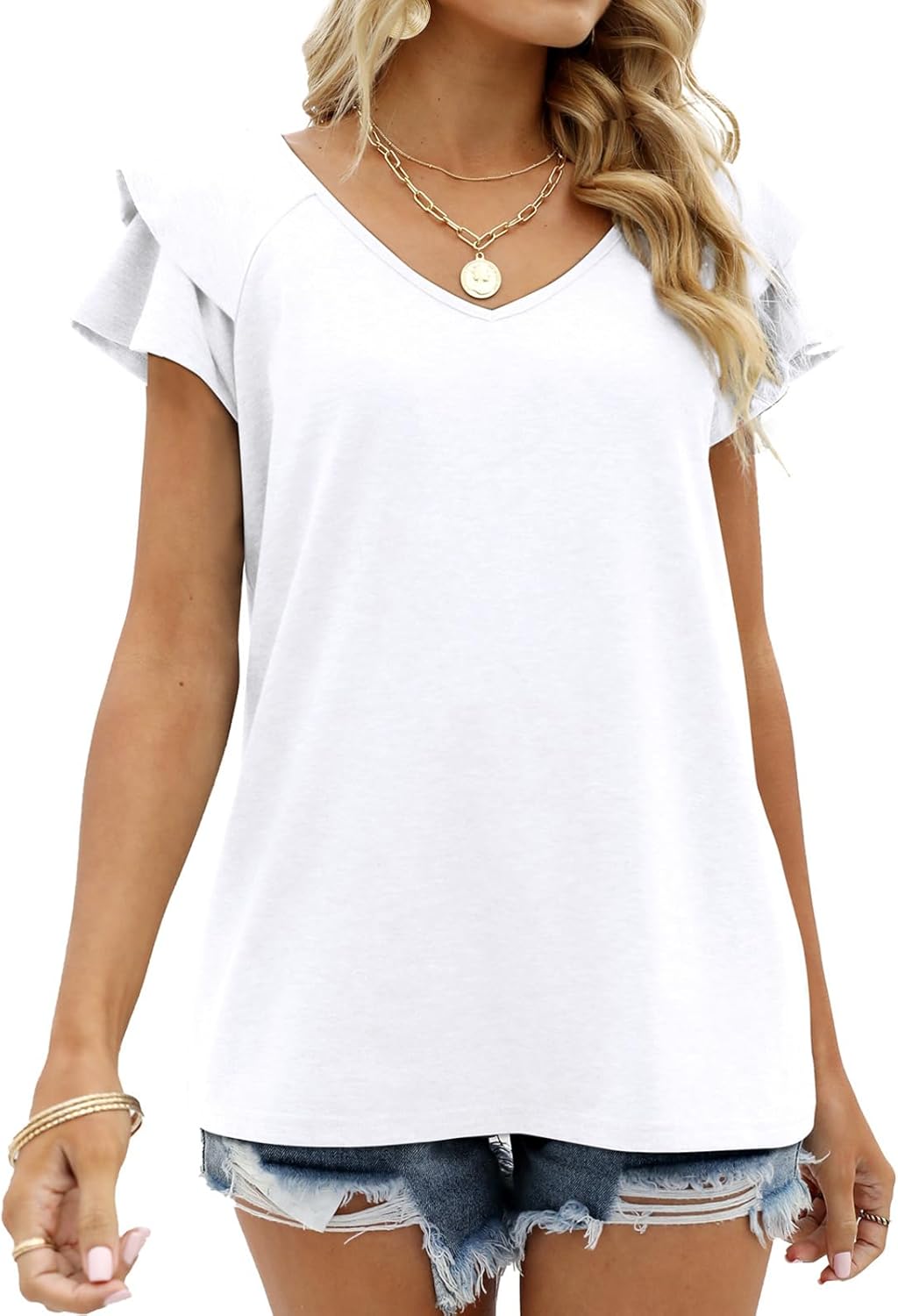 OFEEFAN Womens Summer Tops Ruffle Short Sleeve V Neck T-Shirts Casual Loose Fit - Image 4