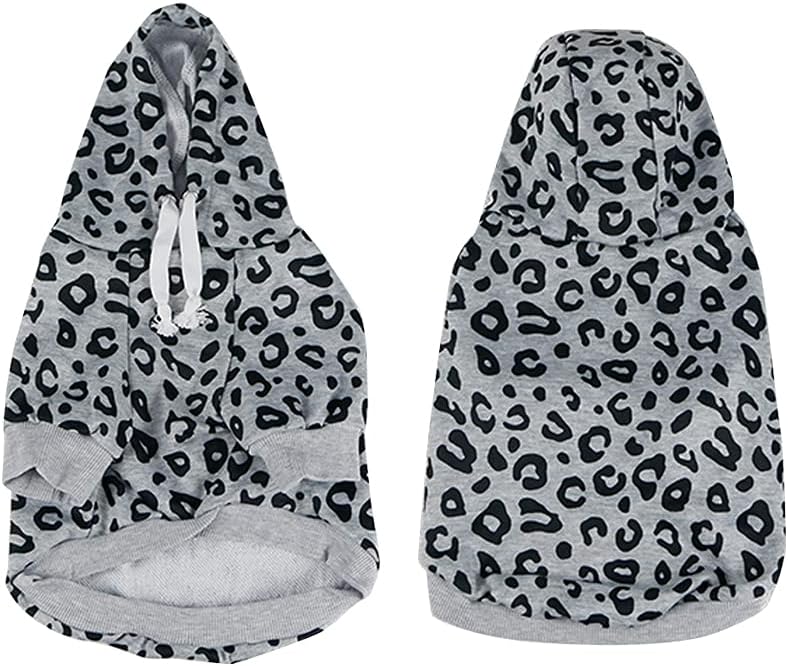 DHY Pet Leopard Hooded Jacket Dog Clothes Adjustable Drawstring Hood Sweatshirts for Small/Medium Dogs (Small, Grey)