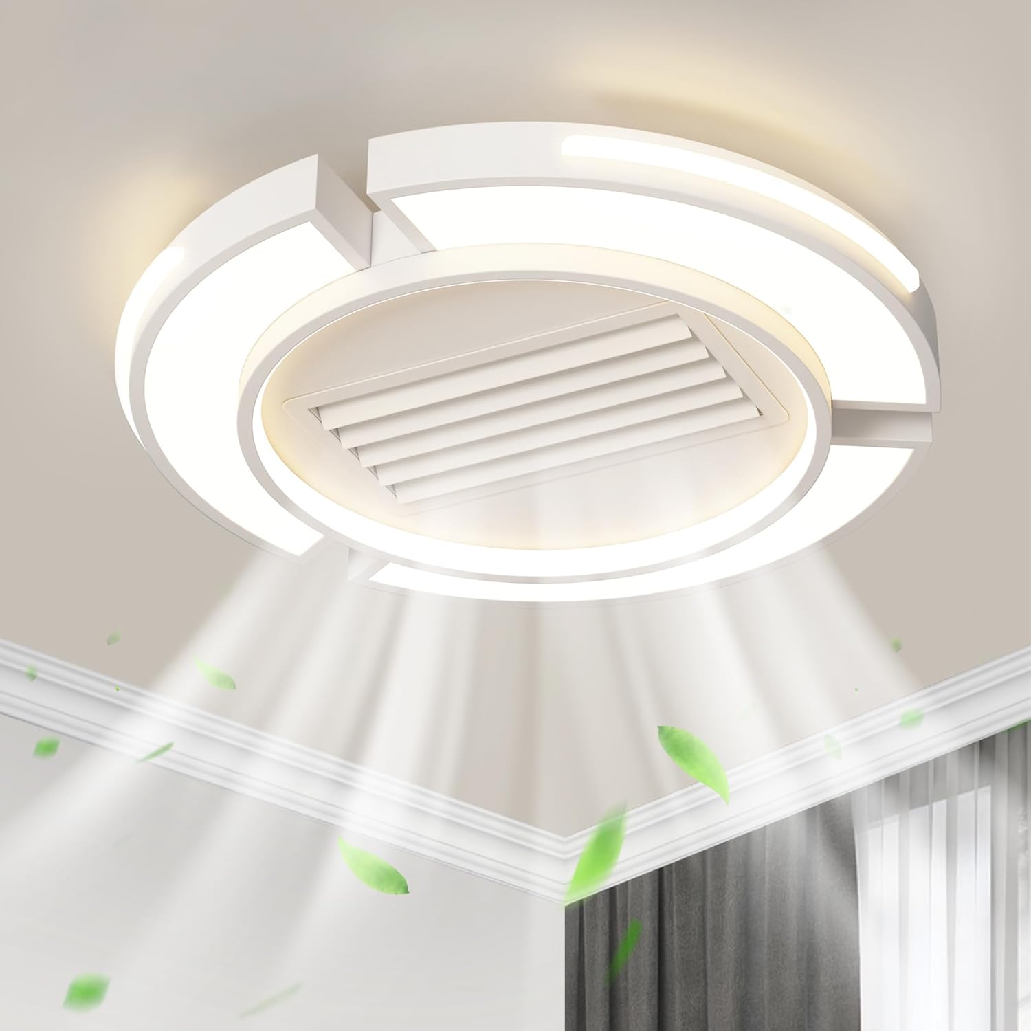 Bladeless Ceiling Fan with Lights and Remote Control, Reversible Flush Mount Enclosed Ceiling Fans with Dimmable Lights and 6 Speed Frequency Conversion Fan (24.8 inches, Round)