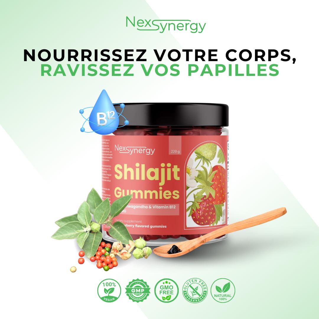 Gummies SHILAJIT avec ASHWAGANDHA et VITAMINE B12 | 800mg par Portion | 60 gommes Saveur Fraise | 50% d'Acide Fulvique | 100% Naturel, Végan et Sans Gluten