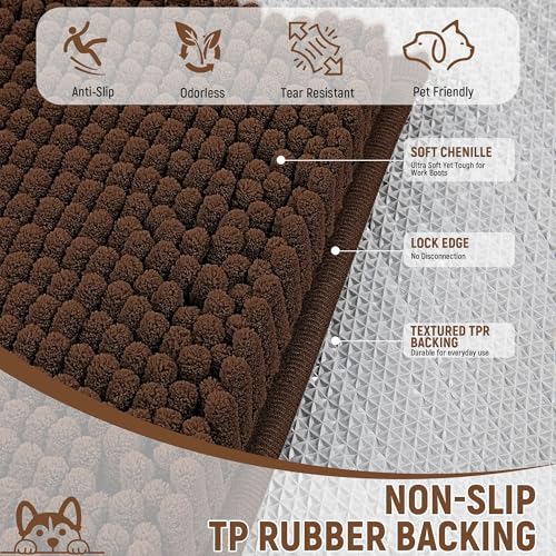 Image of Absorbent Dog Door Mat for Muddy Paws, 48 inch x 36 inch Chenille Indoor Mats for Entryway, Trap Dirt Front Door Mat Indoor Entrance Washable Non Slip Soft Brown