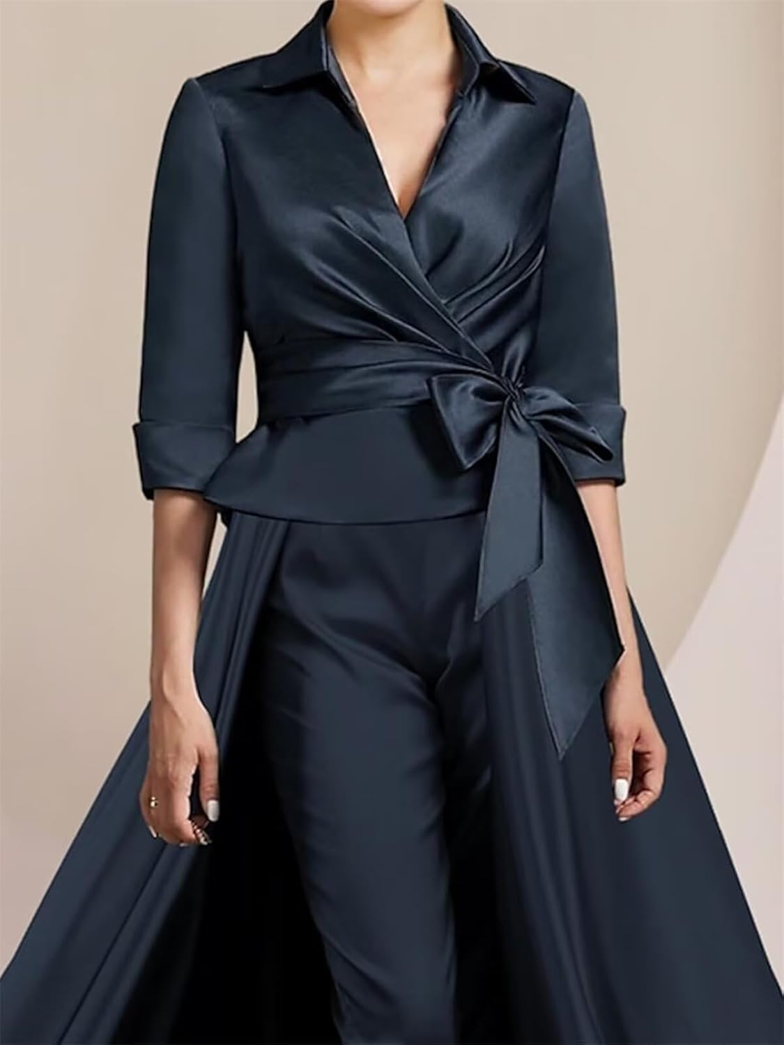 3 Pieces Jumpsuit Elegant Mother of The Bride Dress for Wedding Satin 3/4 Sleeve Wedding Guest Dresses with Bow