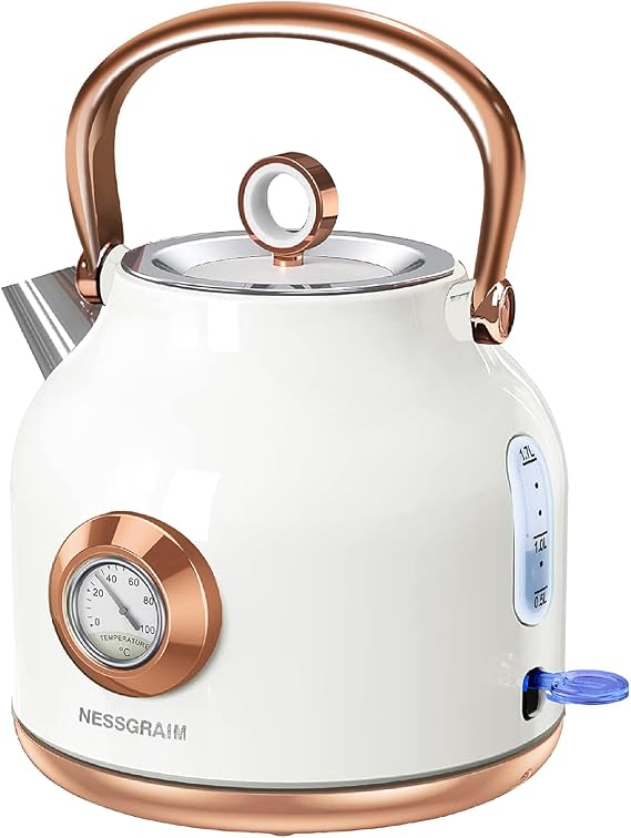 Retro Kettle 1.7 L Stainless Steel Tea Kettle with Large Temperature Display 2200 W Quick Heating Hot Water Boiler with LED Indicator Automatic Shut-Off & Boil Dry Protection (White)