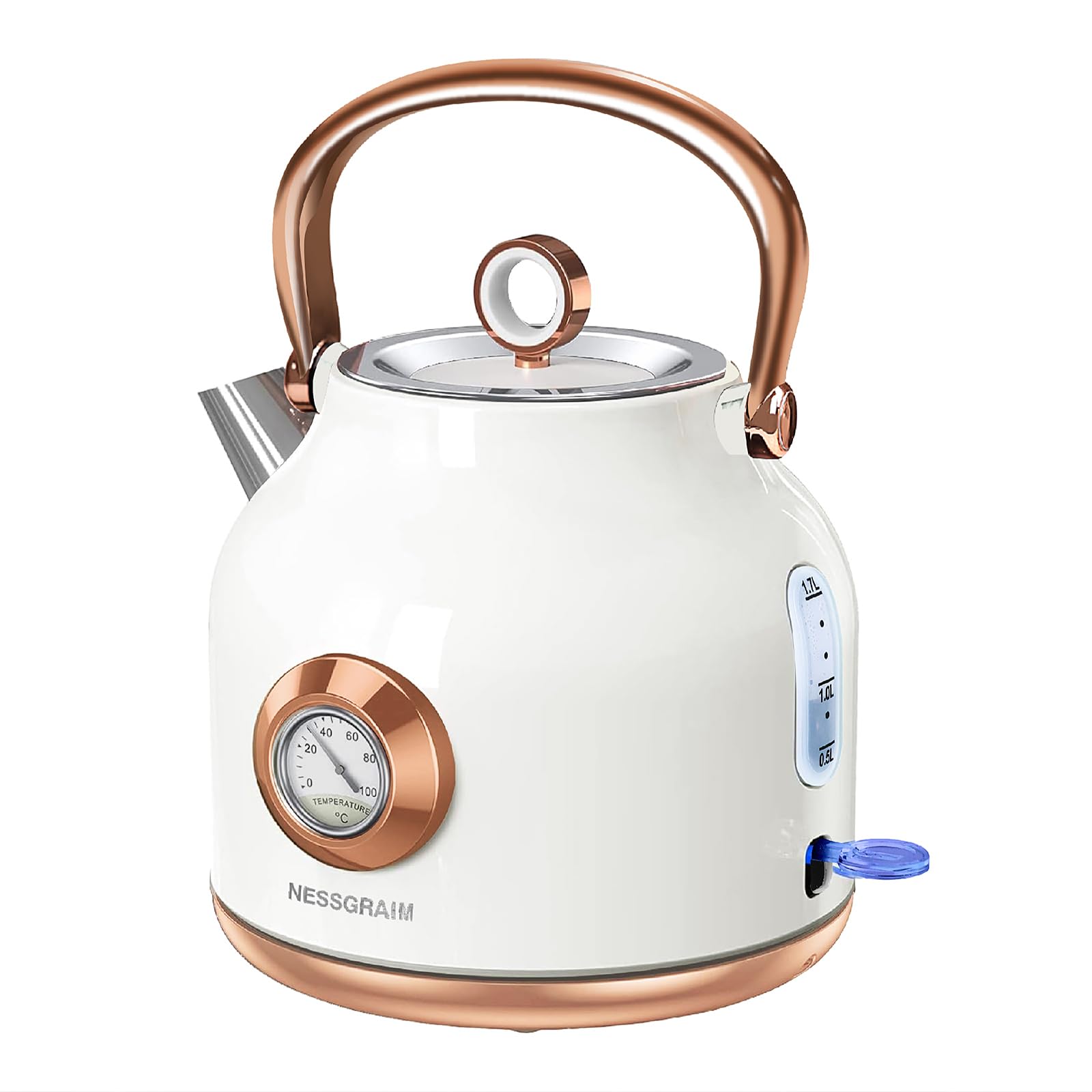 NESSGRAIM Retro-Wasserkocher, 1,7 l Edelstahl-Teekessel mit Großer Temperaturanzeige, 2200W Schnell Aufheizender Heißwasserboiler mit LED-Indikator, Automatischer Abschaltung & Trockengehschutz (weiß)