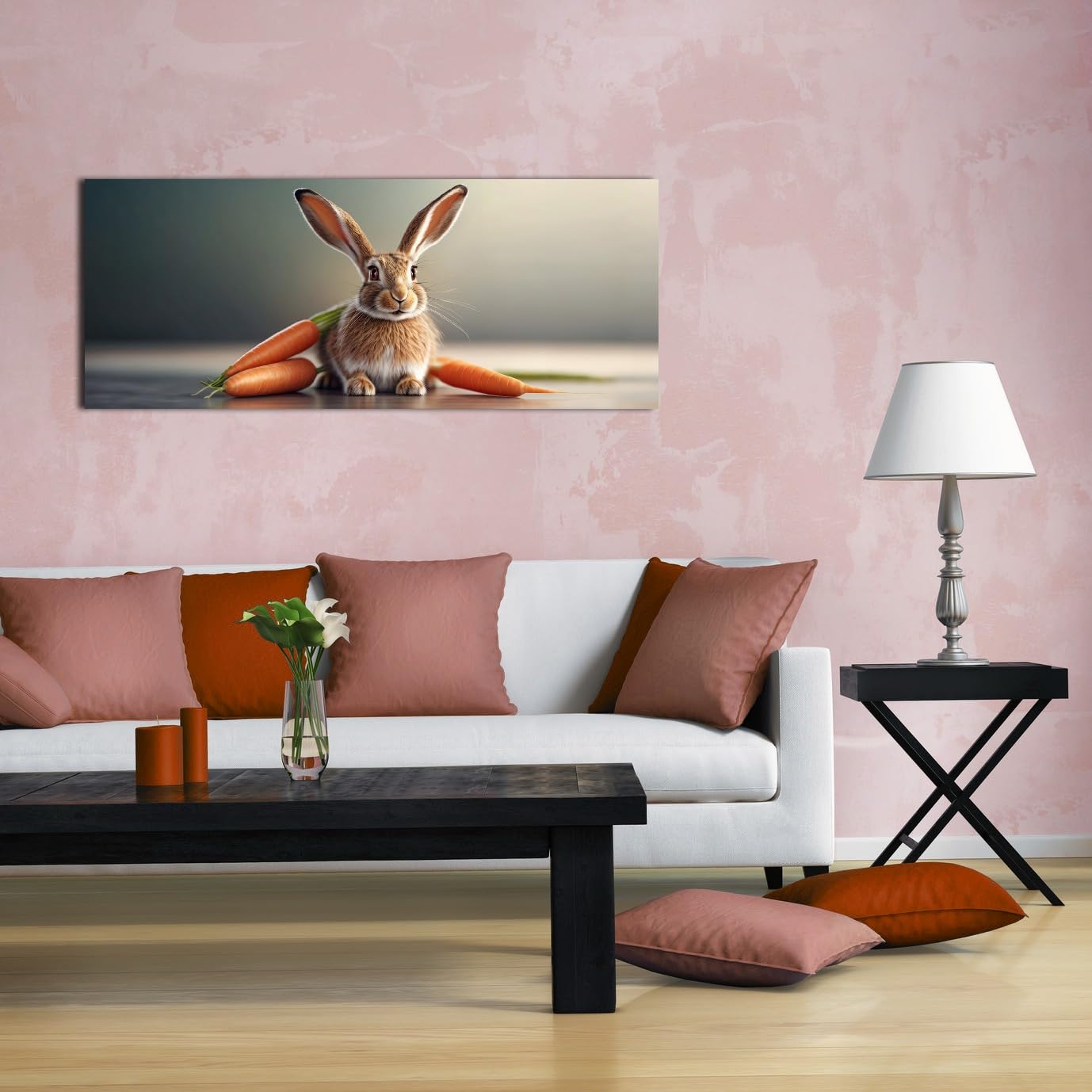Wallario Wandbild aus Acryl, 50 x 125 cm, freischwebende Optik - Flauschiger Hase mit Möhren