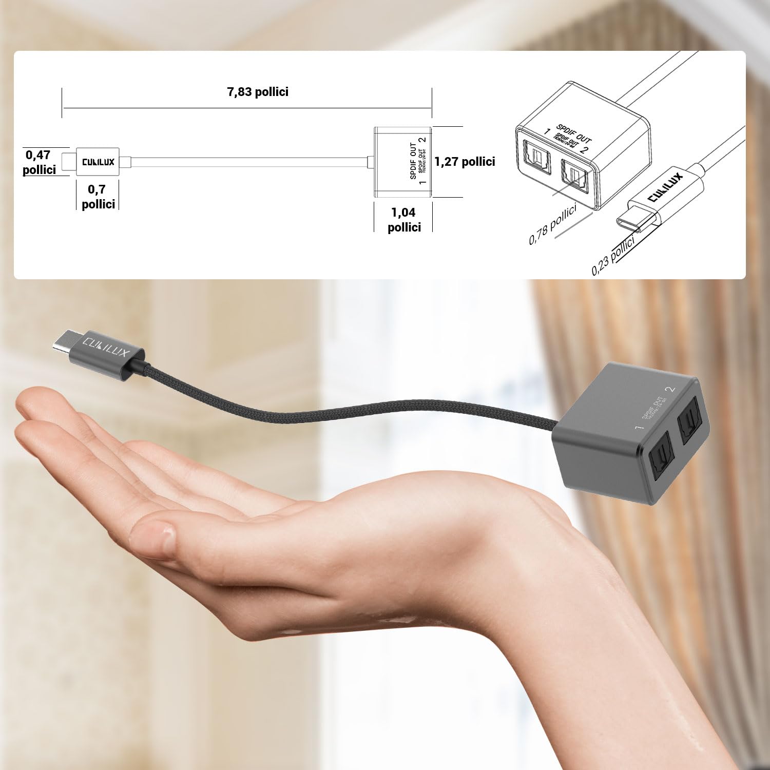 Cubilux Adattatore USB C a doppio SPDIF [DAC 192KHz/24bit] per MacBook Mac iMac, laptop, computer, PC, splitter audio ottico da tipo C a doppio TOSLINK