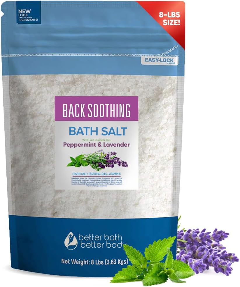 Back Soothing Bath Salt 128 Ounces (8 Lbs) USP Grade Epsom Salt with Natural Peppermint and Lavender Essential Oils Plus Vitamin C Made with Natural Ingredients
