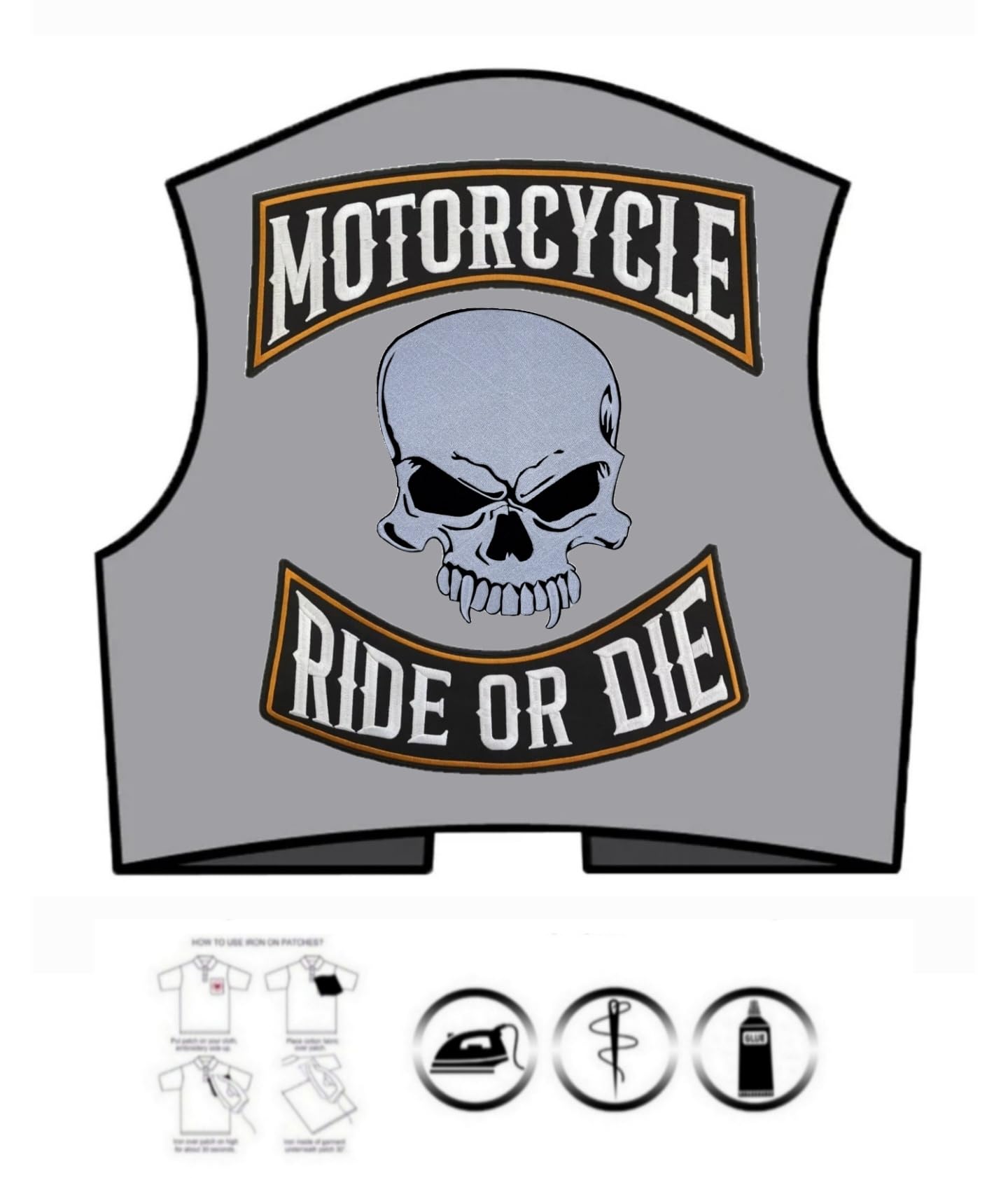 Set 2 Toppe ricamate Biker " Motorcycle | Ride Or Die " + Teschio Vampiro Termoadesive per gilet e giubbotti moto, per decorare giacche da moto, accessori abbigliamento, fai da te. (SetVampire)