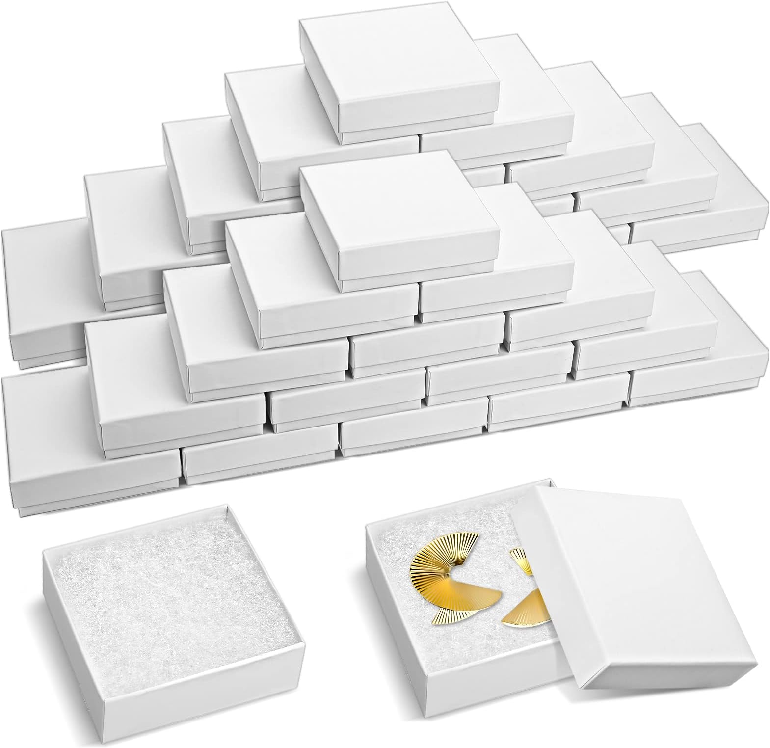 Meanplan 30 Pack Cotton Filled Jewelry Gift Boxes Bulk 3 1/2" x 3 1/2" x 1 1/5" White Cardboard Jewelry Gift Case for Necklace Bracelet Earring Gift Packing