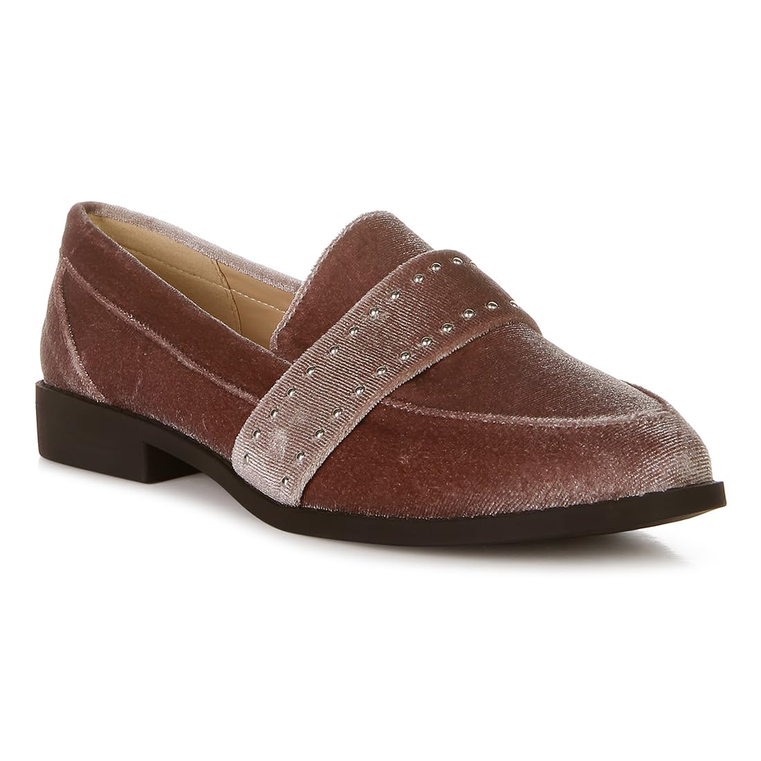 Taupe Walkin Stud Detail Velvet Loafers-image-13