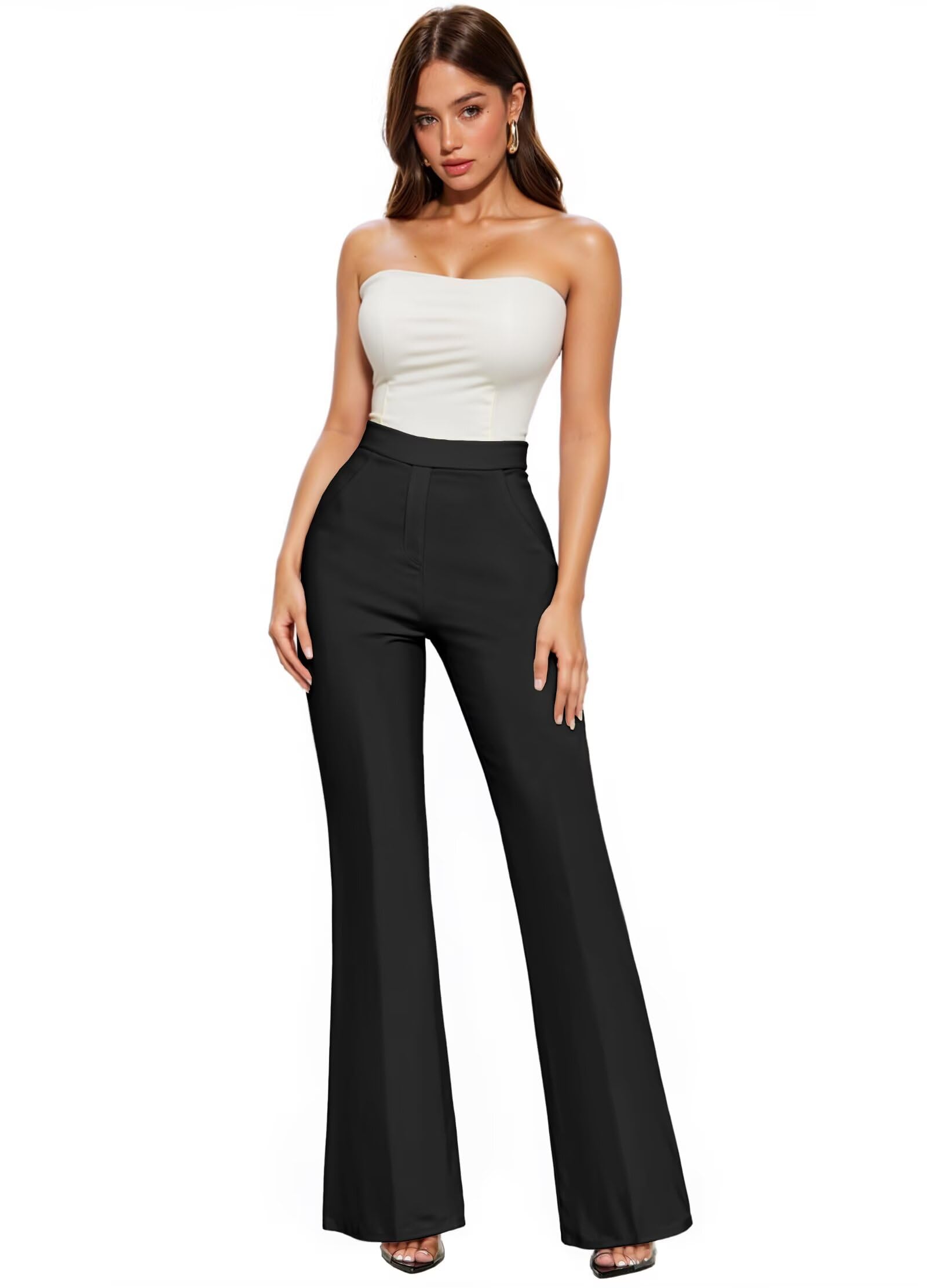 Hybrid Company Womens Ultra Stretch Ponte Flare Pants-High Rise Faux Pockets Pull On Wrinkle Resistant-Casual Office Wear