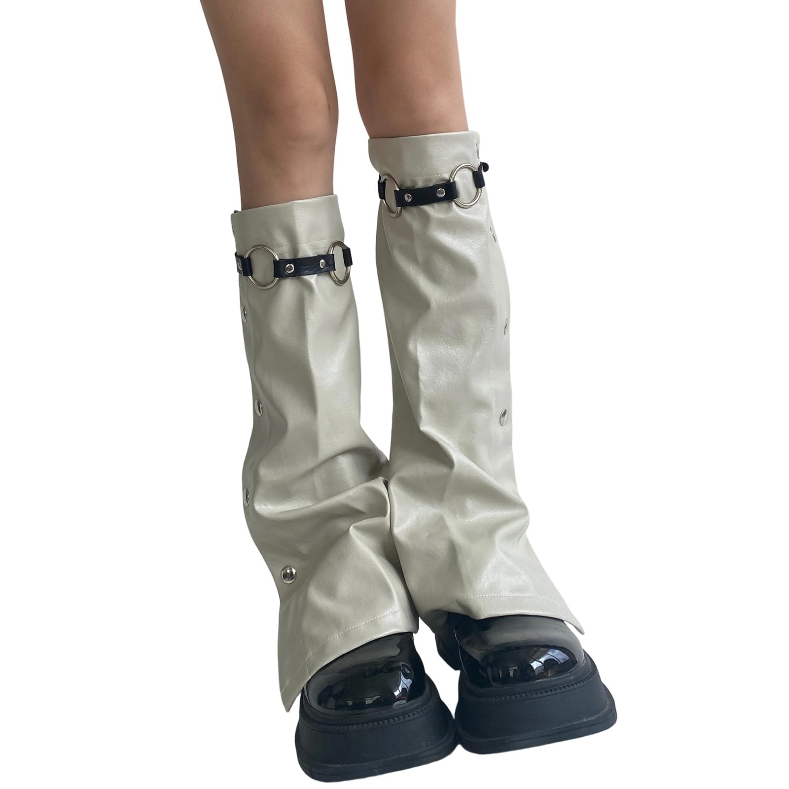 Subcultures Calentadores de pierna de cuero para mujer con hebilla y botones laterales con amplias cubiertas para botas acampanadas calcetines de pantorrilla callejero calentadores de piel