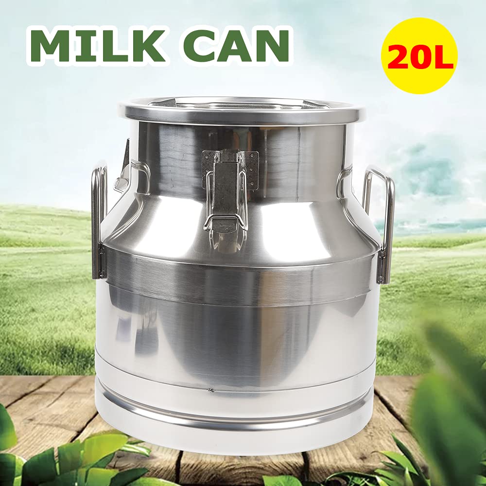 Jarra de leche de acero inoxidable, 20 litros, jarra de leche sin costuras, cubo de pail de vino de 5,25 galones, antifugas, recipiente de almacenamiento de líquidos, con tapa sellada, resistente para