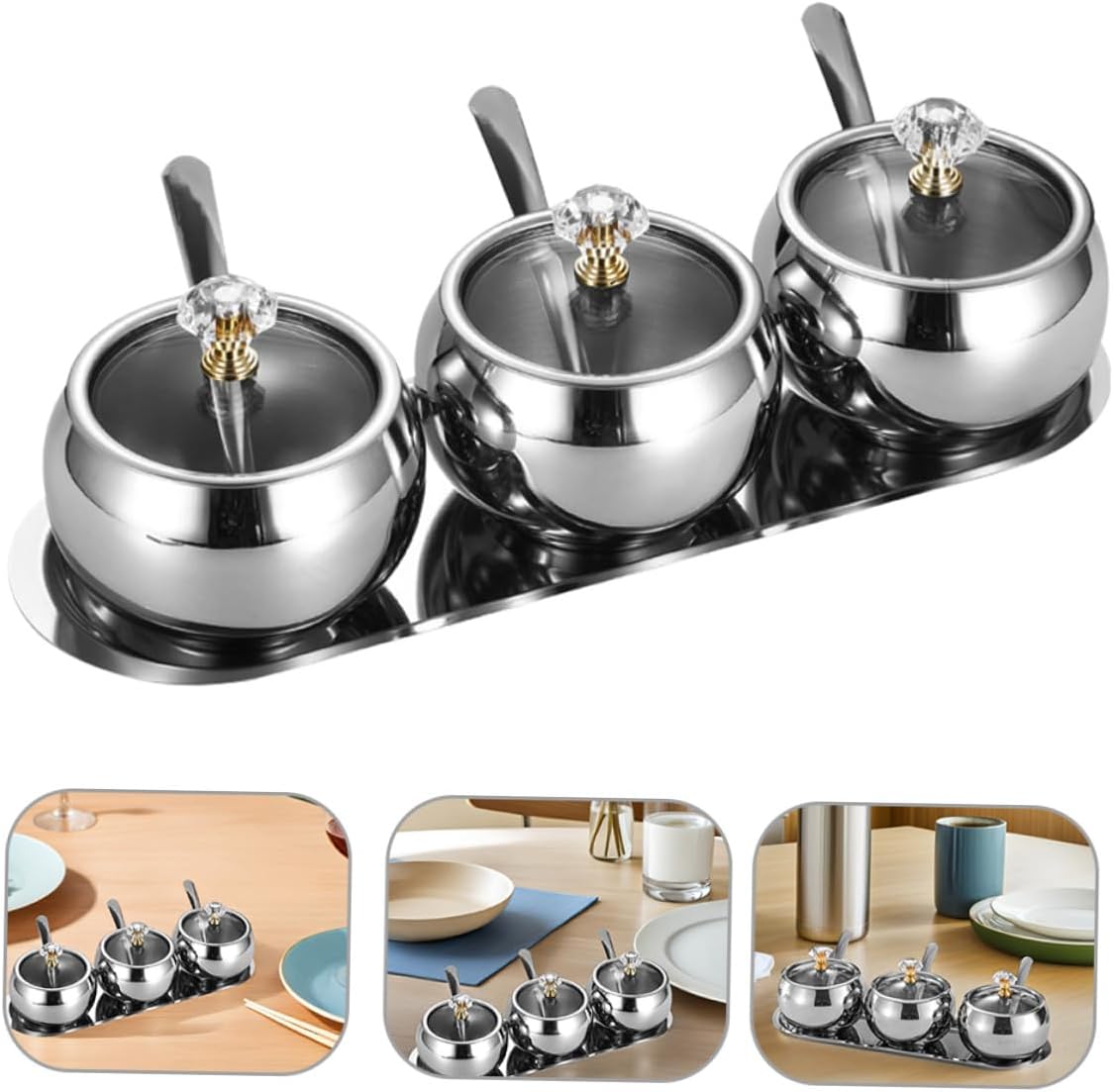 KALLORY Stainless Steel Seasoning Containers with Lid and Spoon, Sugar Bowl Condiment Canister Set with Tray for Kitchen Salt Spice Storage, Metal Seasoning Pots Four-piece Set
