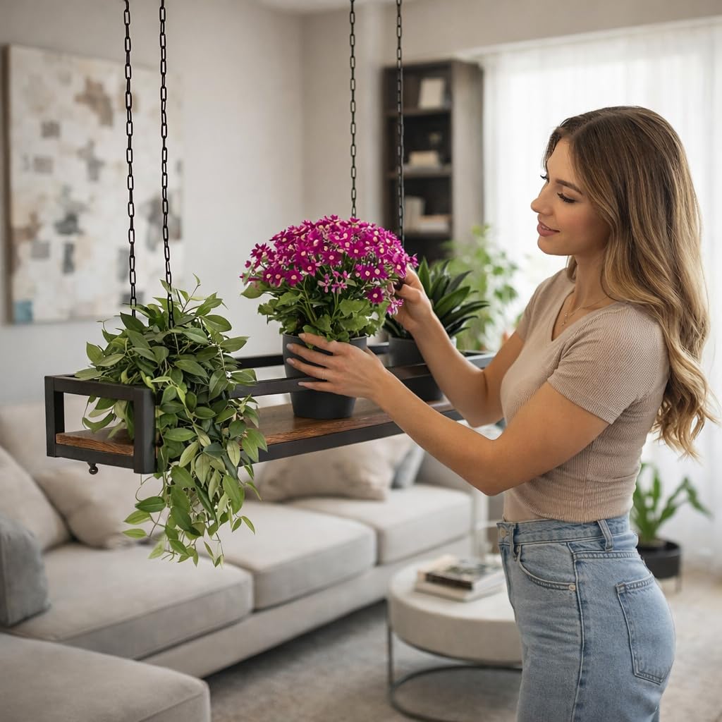 YELLOO - Etagere de Plafond Suspendue avec Chaînes, Idéale Porte-Fleurs, Plantes d'Intérieur, Design Classique et élégant pour Maison, Jardin, Balcon (FLOWERS 95 cm, Marron/Noix)