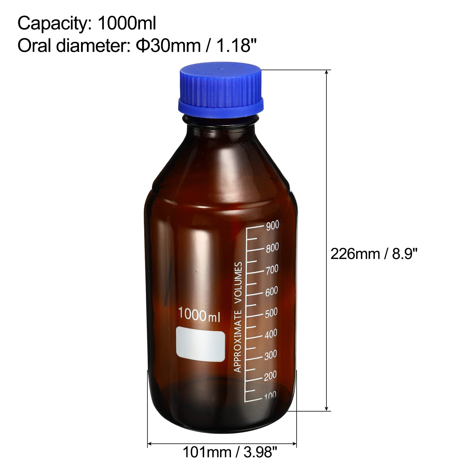 PATIKIL Botella de medios de reactivo de 1000 ml, 2 botellas redondas de almacenamiento de vidrio graduado azul tapa de rosca para el hogar de laboratorio, ámbar