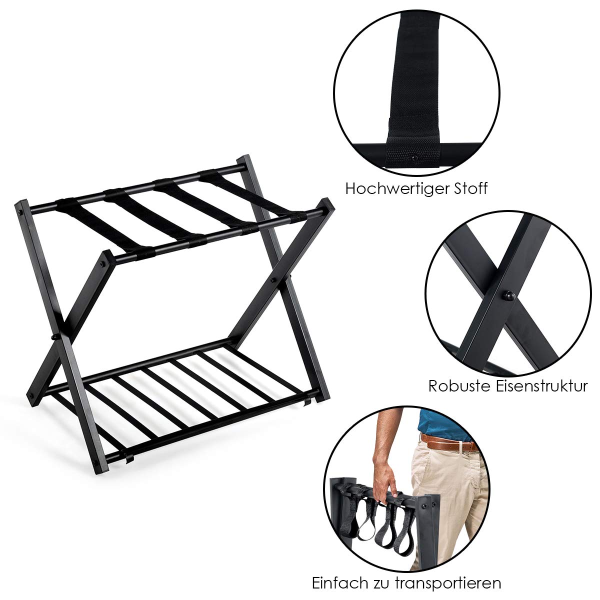 GYMAX Estante Plegable para Maletero, Portaequipajes Doble Capa, con 4 Correas Estables y Diseño de 2 Pisos, Estante de Equipaje Soporta hasta 60 kg, para Habitación de Huéspedes y Hotel (Negro, 2)