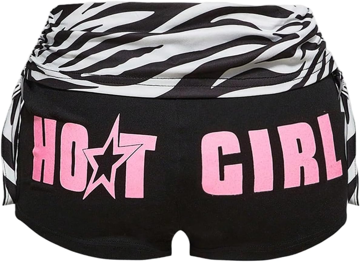 MakeMeChic Women's Mini Shorts Y2k Zebra Letter Print Foldover Low Waist Drawstring Hot Shorts