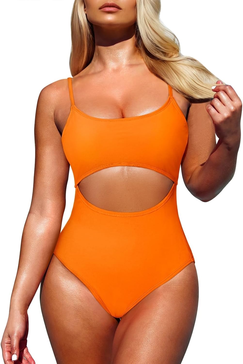 Pink Queen Women's One Piece Swimsuit Spaghetti Strap Scoop Neck Cutout High Waisted Bathing Suit Monokini