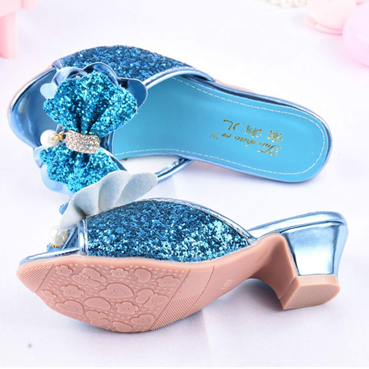Tacón Alto Sandalia Mulas Plata Boca De Pez Lentejuelas Lazos De Metal con Incrustaciones De Cristal Perla Niña Princesa De Fantasía Zapatos De Baile Navidad Halloween