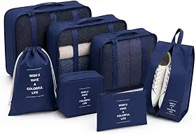 Kit Organizador de Mala 7 Peças Impermeável Organizador de Bagagem para Roupas Sapatos e Cosméticos Necessaire de Viagem Dobrável Compacta Alta Capacidade Multiuso Unissex para Viagens (AZUL)