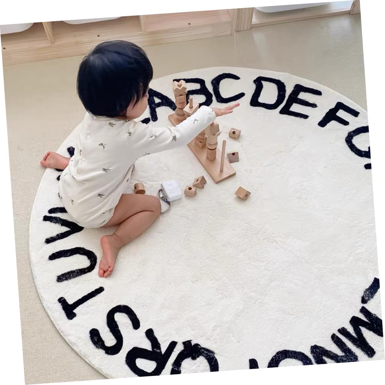 INOOMP Nordic Style Round Floor Protector Mat with Non Slip Design Creative Alphabet Rug for Childrens Soft Indoor Carpet Alleviating Foot Fatigue and Enhancing Home Decor