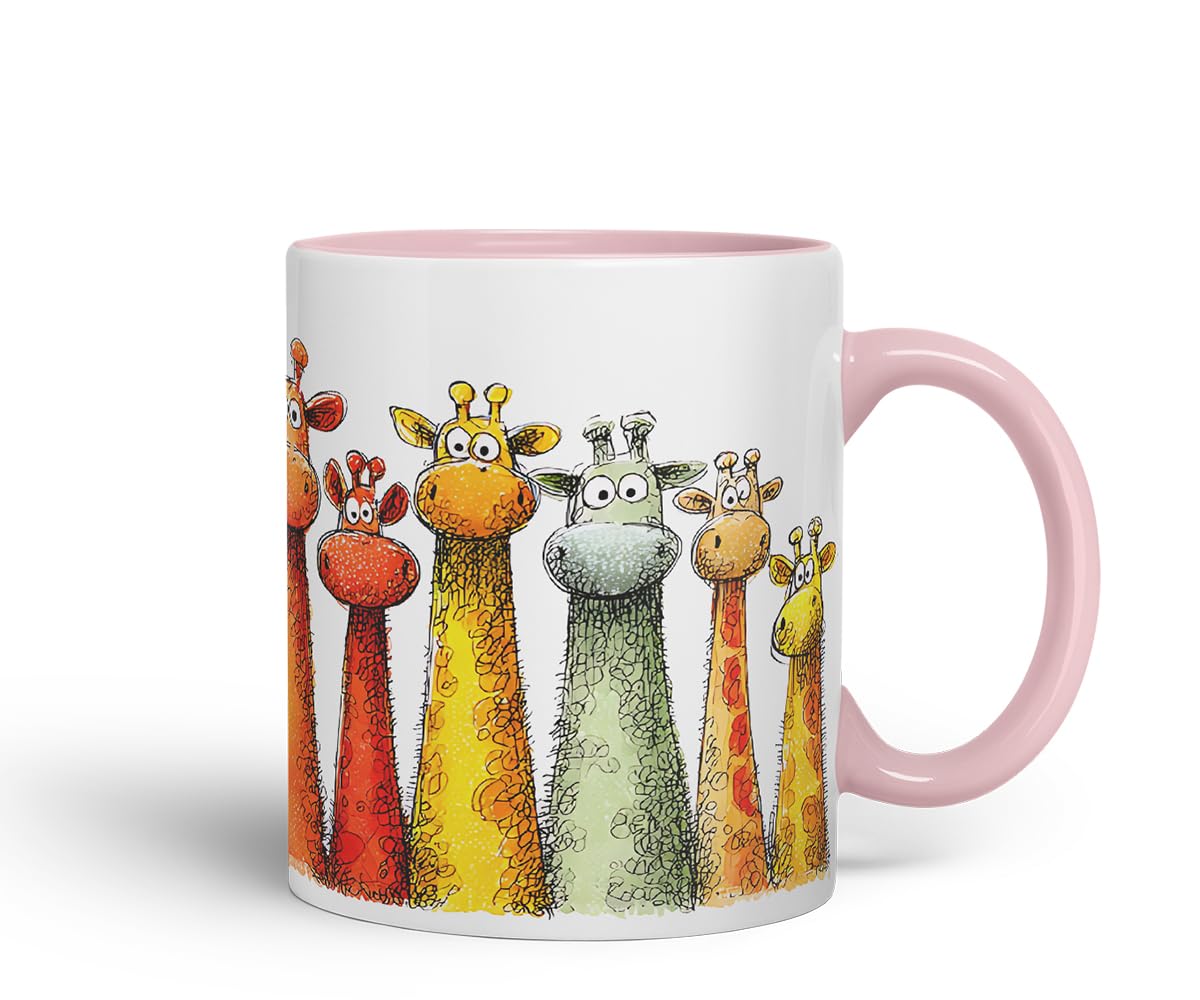 Vixar Funny Colourful Giraffe Friends Design – Cute Giraffe Character Mug for Wildlife & Animal Lovers, Coloured Mug Cup Gift, 11oz (Pink)