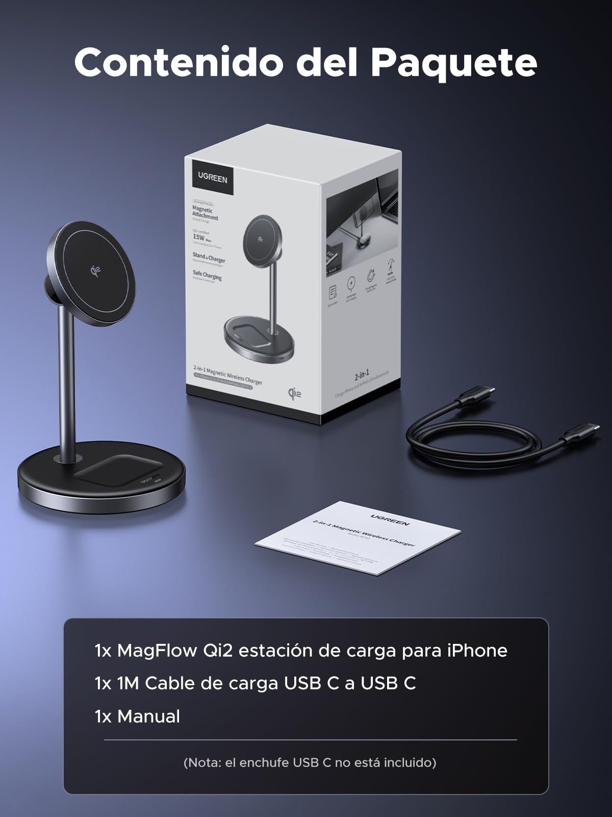 UGREEN MagFlow Qi2 15W Cargador Inalámbrico 2 en 1, Estación de Carga Magnética, Soporte Wireless Compatible con iPhone 16/15/14/13/12 Series, AirPods Pro 2/3 | Certificado Qi2, ángulo ajustable, luces LED, para iPhone serie 17-12, AirPods y más, adaptado