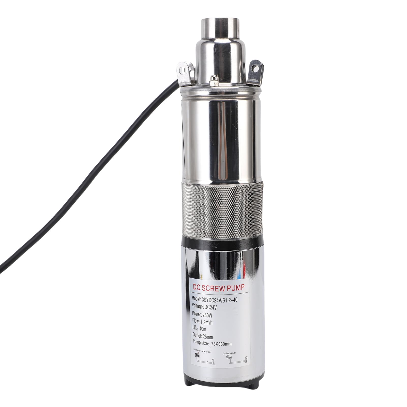 Bomba de Tornillo Sumergible para Pozo Profundo con Energía Solar de 24 V, Bomba de Riego de Acero Inoxidable de 260 W con Cabezal de 40 M, Caudal de 1,2 M³/h, Cable de 10 M para Bombeo de