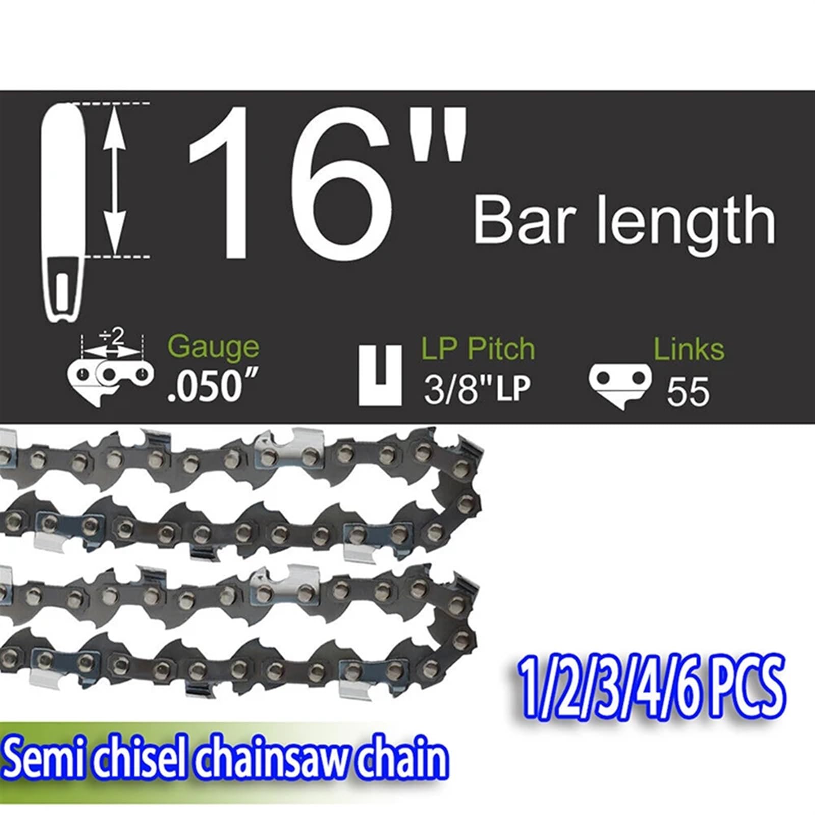 Cadena Motosierra Motosierra de cadena de 16 "pulgadas, calibre de 3/8" LP .050 ", 55 eslabones de transmisión, semicincel, repuestos de motosierra eléctrica a gasolina, poda de registro(6x Chain)
