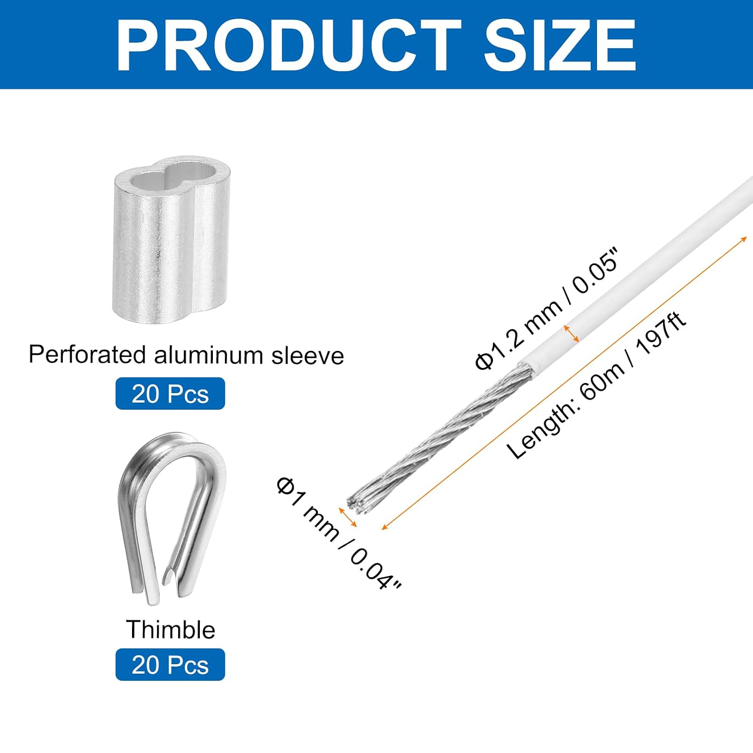 MECCANIXITY 197ft Wire Rope 304 Stainless Steel Cable, 1.2mm Vinyl Coated with 20pcs Aluminum Sleeves and Thimble for Railing, Decking, Hanging, Clothes Lines, White 60m