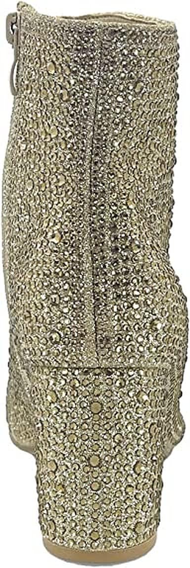 Women Rhinestone Block Chunky Heel Ankle Bootie Iceberg 12 By Forever shoes Gold Size 7 - Image 7