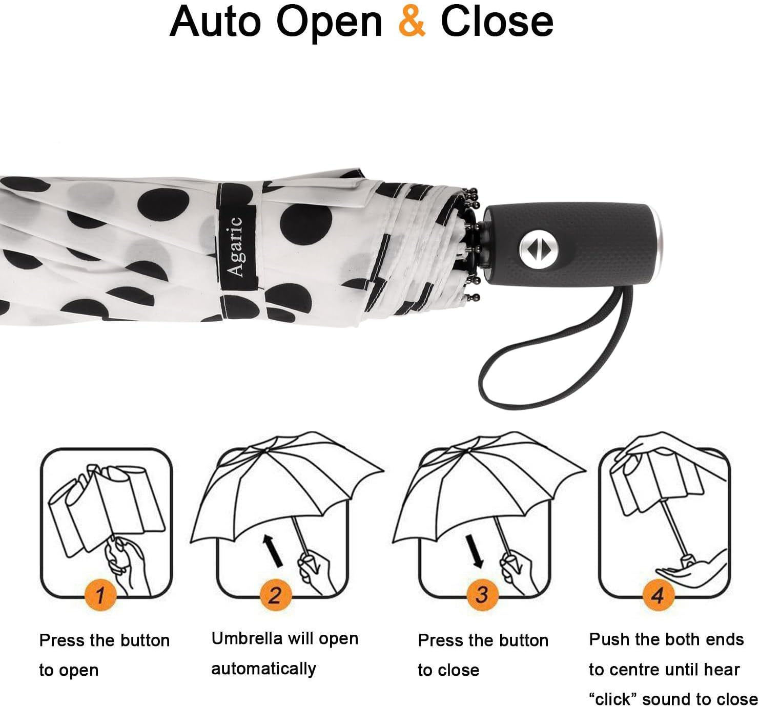 Agaric Cute Polka Dots Compact Travel Umbrella - 10 Ribs Windproof, 46" Auto Open/Close Portable With Reinforced Canopy and Ergonomic Handle (Upgrade) - Image 5
