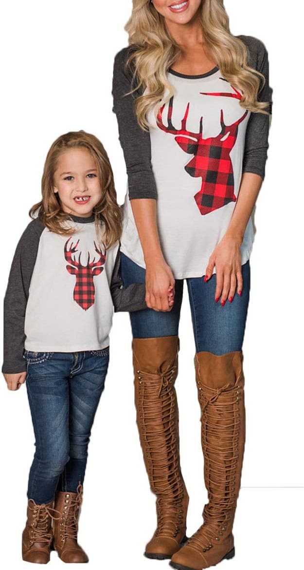 Christmas Outfits Mommy and Me Fashion Deer Print Long Sleeve T Shirt Blouse Tops Matching Family Outfits