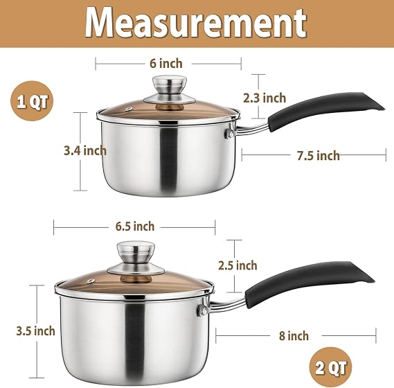 P&P CHEF 1+2 QT Sauce Pan With Lid, Small Pot Saucepan for Milk, 3 Pcs | Stainless Steel Saucepan, Small Sauce Pot for Cooking, Visible Glass Lid & Bakelite Heat-Proof Handles,Dishwasher Safe