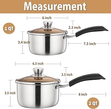 P&P CHEF 1+2 QT Sauce Pan With Lid, Small Pot Saucepan for Milk, 3 Pcs | Stainless Steel Saucepan, Small Sauce Pot for Cooking, Visible Glass Lid & Bakelite Heat-Proof Handles,Dishwasher Safe