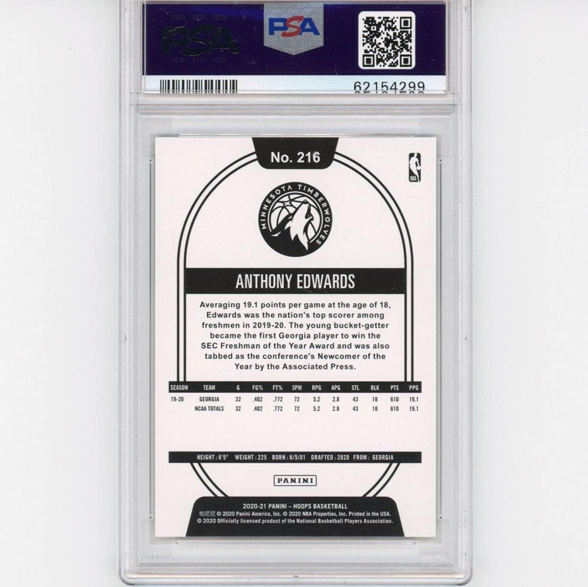 Amazon.com: Graded 2020-21 Panini Hoops Anthony Edwards #216