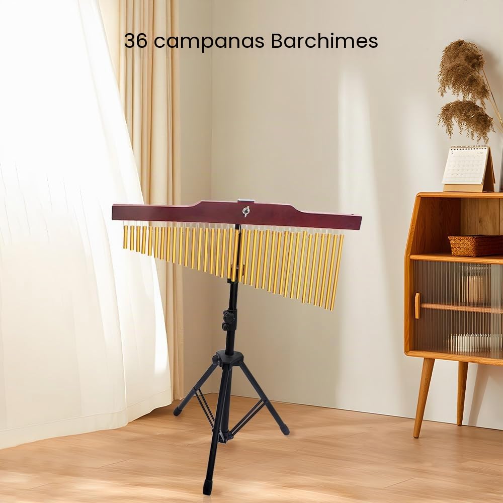 Jemora 36 Campanas Barchime Chime Bar Carillón de Viento Dorado de una Sola Barra de Aleación de Aluminio Sólido Carillones Windchime Barra de Madera Instrumento Musical de Percusión con Soporte