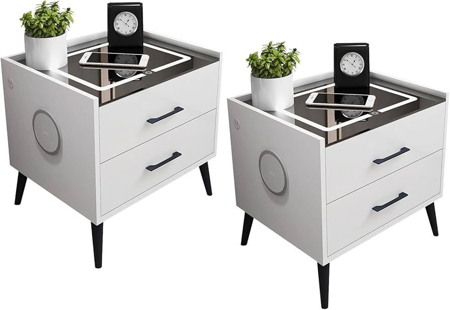 Smart Nightstand Set of 2, LED End Table with Wireless Charging Station, Modern Bluetooth Speaker Bedside Table for Bedroom Living Room (White-2)