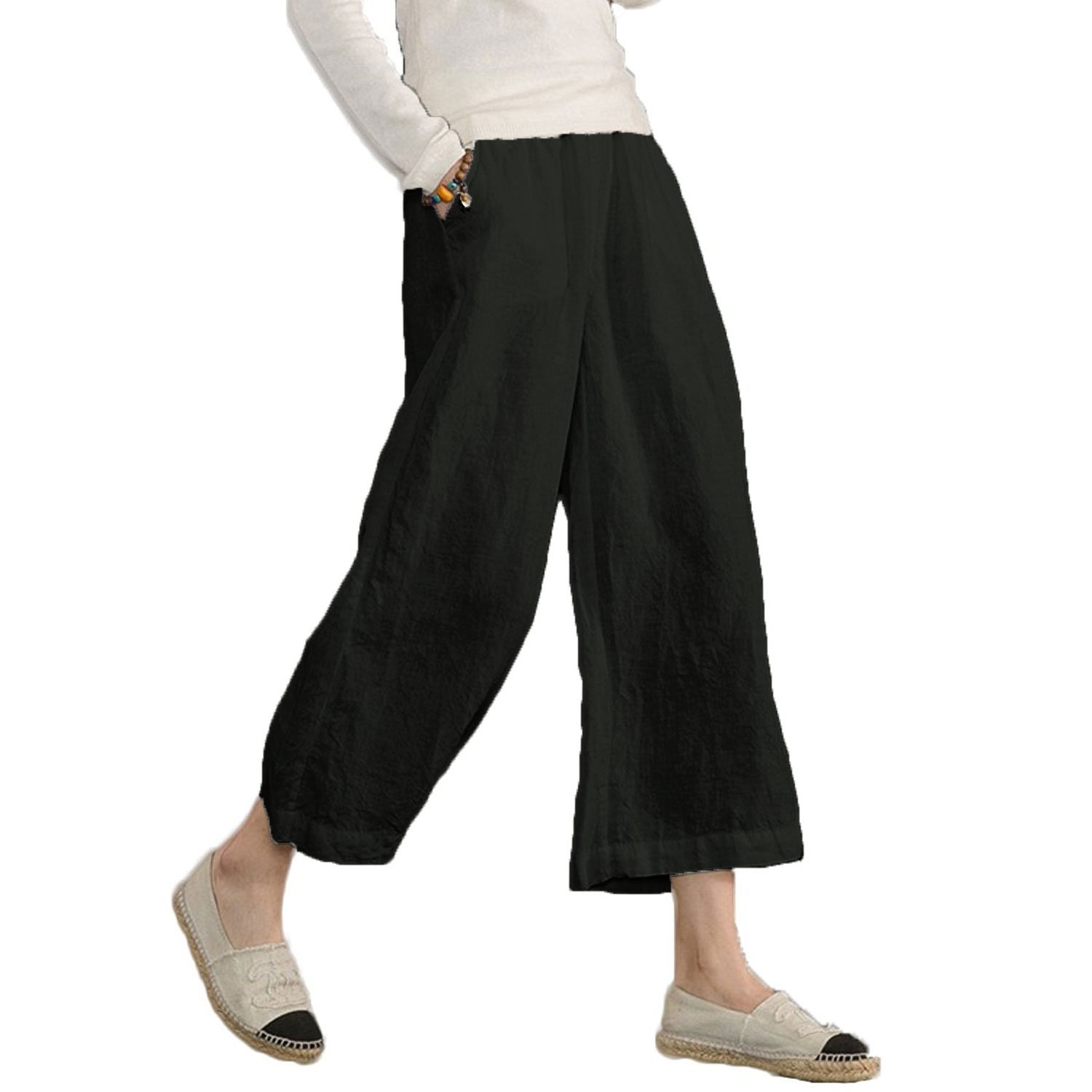 Womens Linen Cropped Pants Loose Casual Capri Cotton Wide Leg Plus Size Elastic Waist with Drawstring Trouses