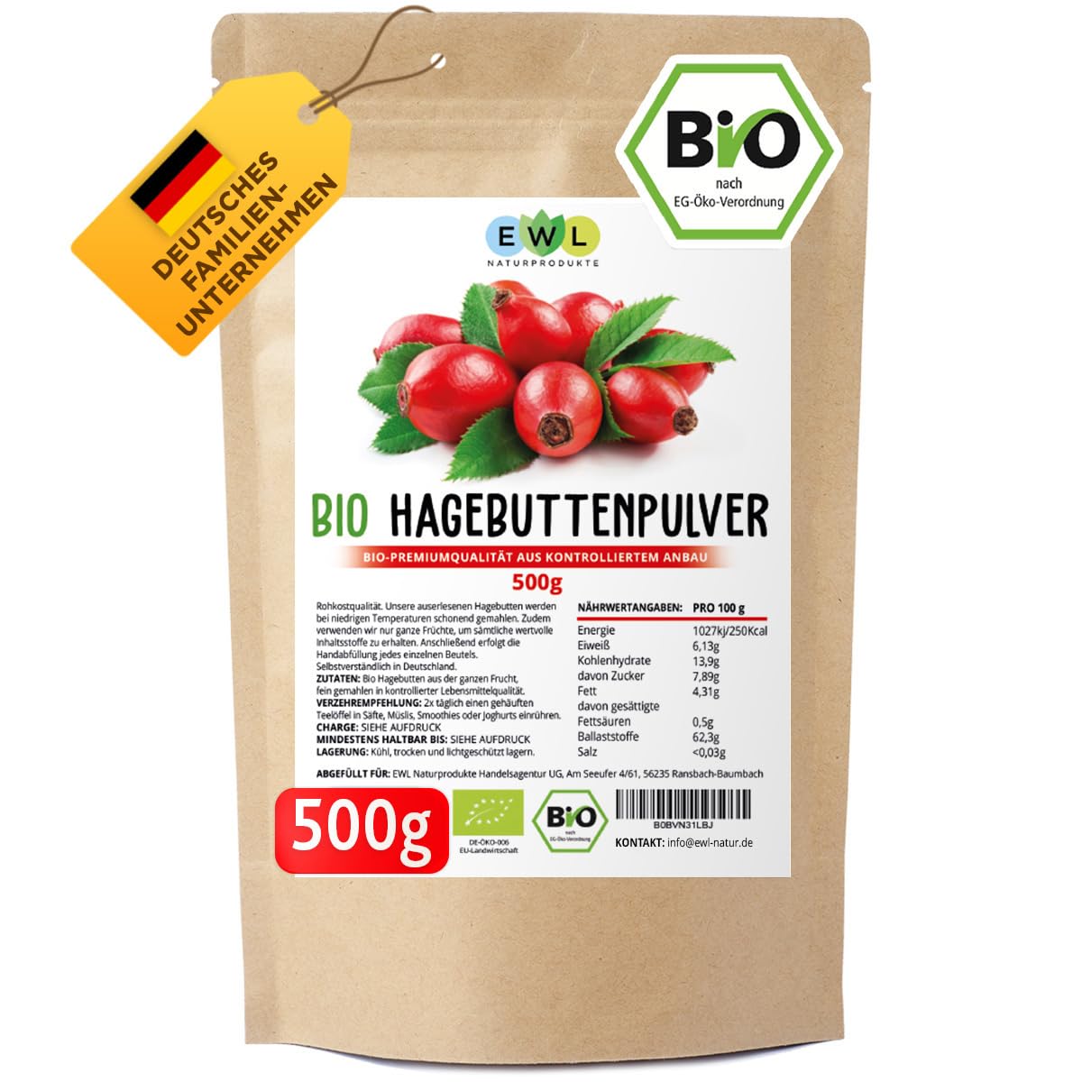 EWL Naturprodukte BIO Hagebuttenpulver 500 g, Hagebuttenpulver in Rohkostqualität, Hagebutten Pulver BIO aus kontrolliert biologischem Anbau