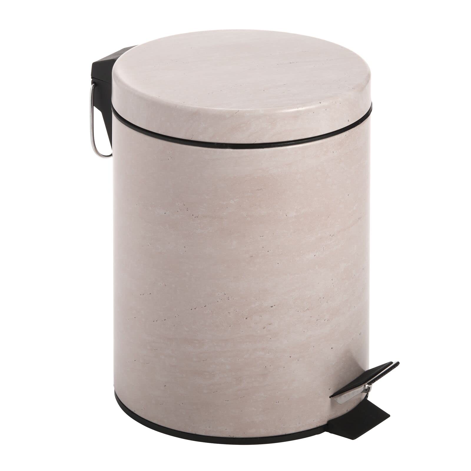 mDesign Small Modern 5 Liter/1.3 Gallon Round Metal Lidded Step Trash Can, Compact Garbage Bin with Removable Liner Bucket for Bathroom, Kitchen, Office, Garage - Travertine Stone Print - Beige