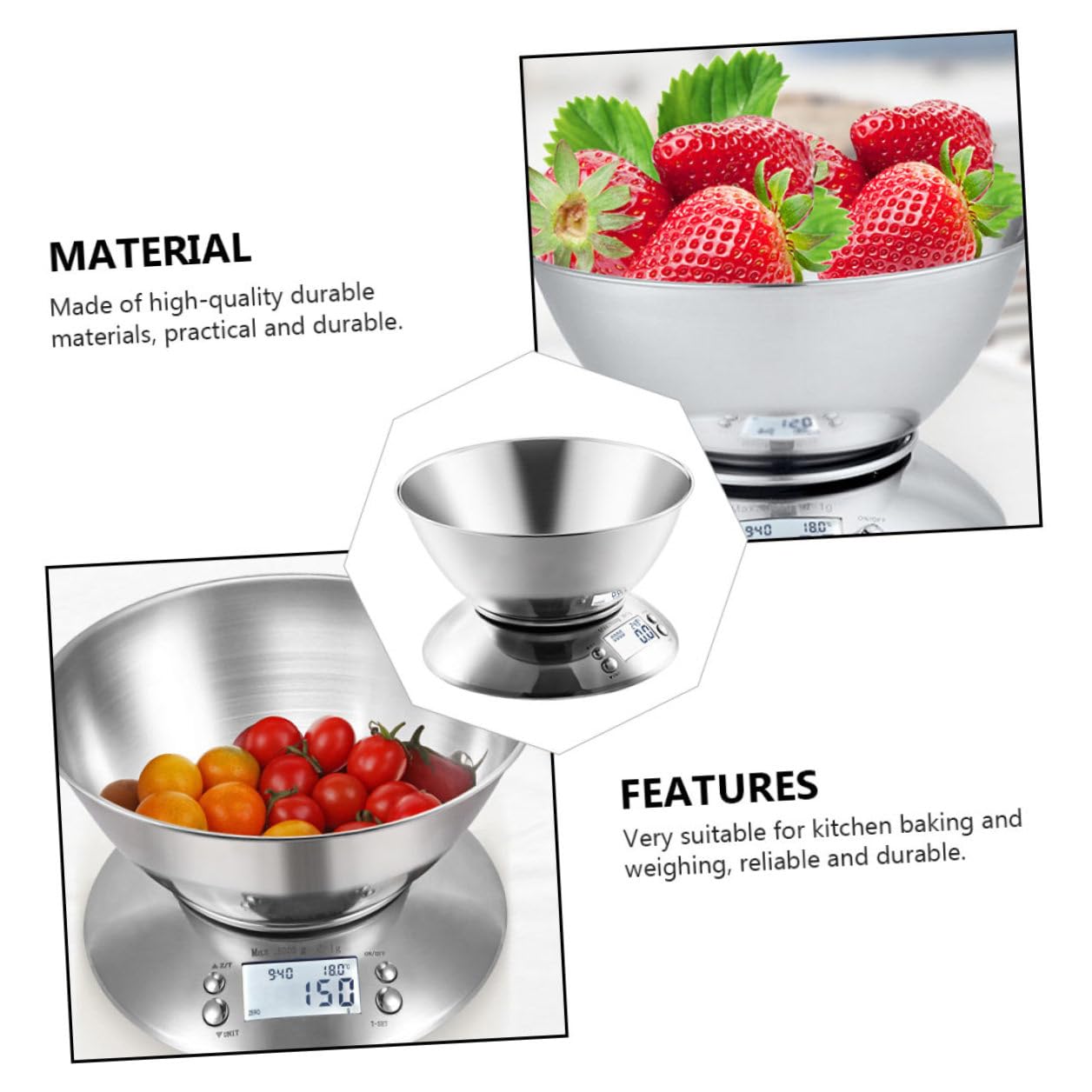 Electronic Kitchen Scale Stainless Steel High Precision Digital Food Scale with Clock and Detachable Bowl for Home Cooking and Baking Measurement Random Color