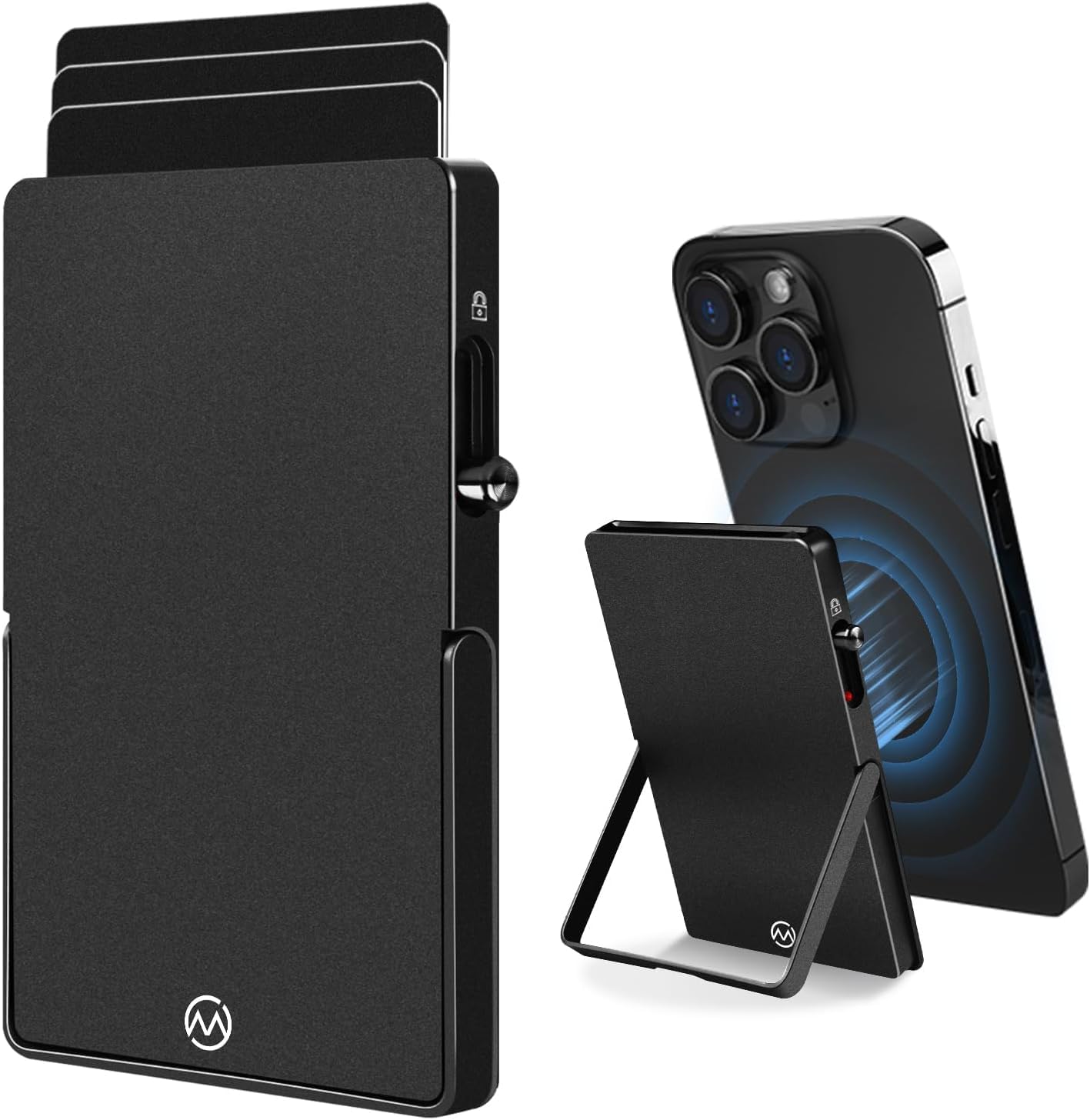Magsafe Phone Wallet with Adjustable Stand,Pop up Phone Card Holder Black | Quick Access to Bank/Credit Cards, 3.93*2.96*0.31 Inches, Compact Metal Case ，RFID Blocking Protection，Gift Box