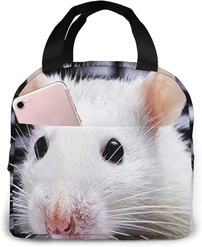 Miniatura 1 de Adorable bolsa de almuerzo aislada con rata blanca para mujeres y hombres, bolsa de almuerzo reutilizable con bolsillo frontal
