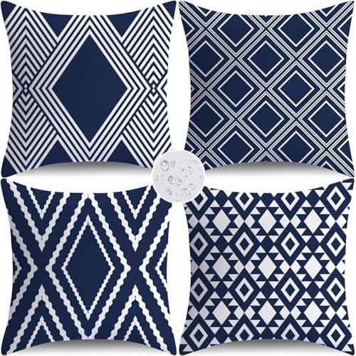 NIGHTWISH Outdoor Waterproof Pillow Covers 18x18 Set of 4 Navy Blue and White Modern Geometry Decorative Outdoor Throw Pillows Boho Cushion Cases for Patio Furniture Bench Couch Sunbrella
