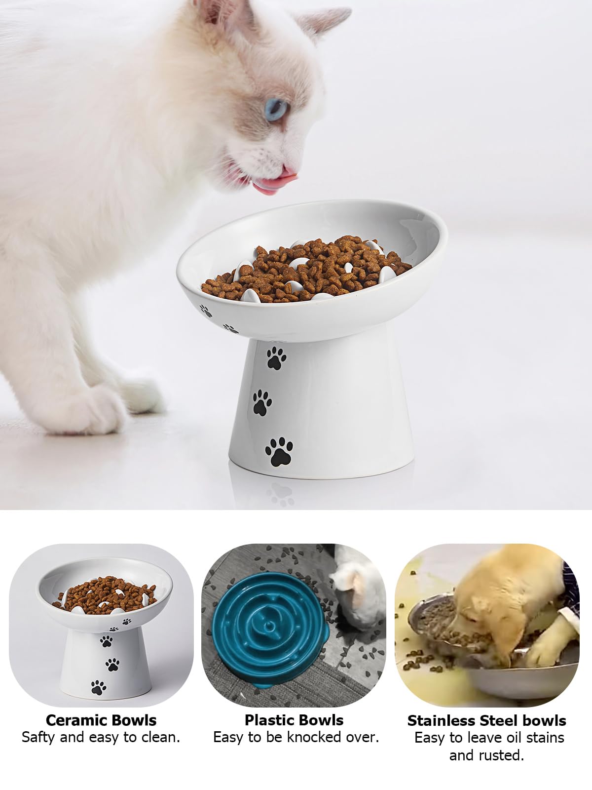 Y YHY Mangeoire lente pour chat, 15,2 cm, gamelle surélevée pour chien, gamelle anti-vomissements en céramique pour nourriture sèche et humide, blanc